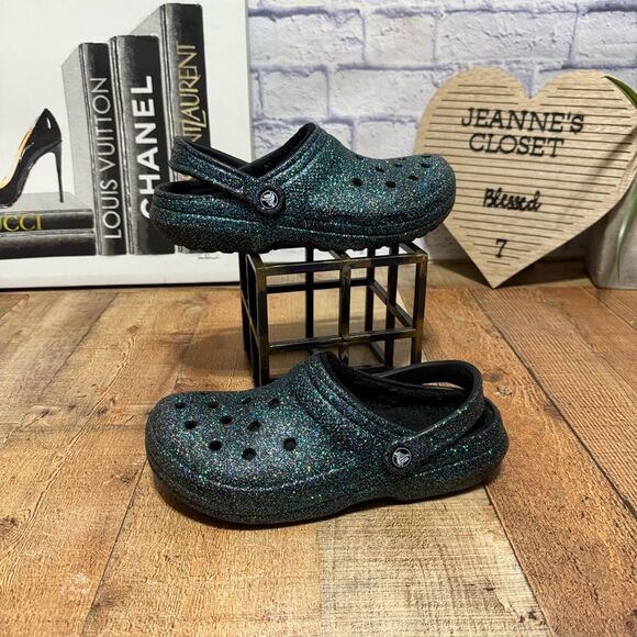 Crocs Classic Lined Glitter Clogs Fuzzy Slippers Size Men’s 7 Womens 9 - Picture 2 of 9